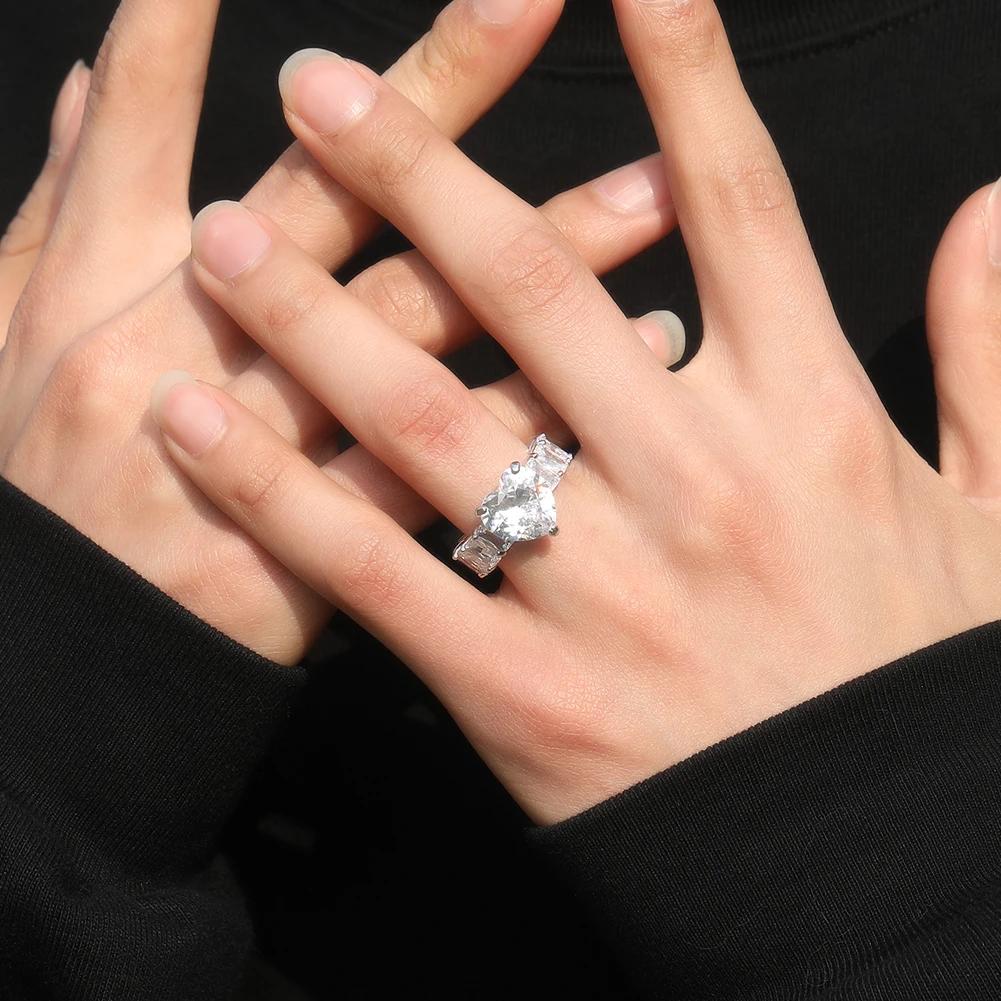 7mm Big Baguette  CZ Stone Pink Heart Ring Iced Out Bling Fashion Ring Hip Hop Jewelry High Quality Engagement Gift  Color