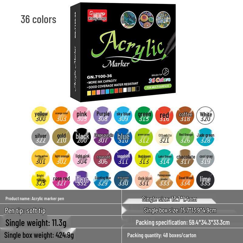 Guan Na 7100 Water-Based Acrylic Marker Set - 36 Color Soft Tip for Stone & Doodle Painting
