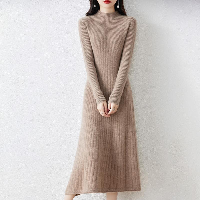 Solid Color Thin Semi-turtleneck Knitted Dress Women's Autumn and Winter New Temperament Elegant Inside with Backing Sweater Long Dress