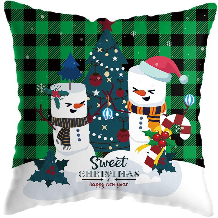 Christmas Theme Green Plaid Santa Snowman Print Pattern Cushion Cover Home Sofa Decor Throw Pillow Cover 45x45cm