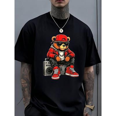 European Sizes Hip Hop Teddy Bear Rap Music T Shirt Men'S Meme Funny Short Sleeved Christmas And New Year Holiday Gifts Are The Best Choice for Family
