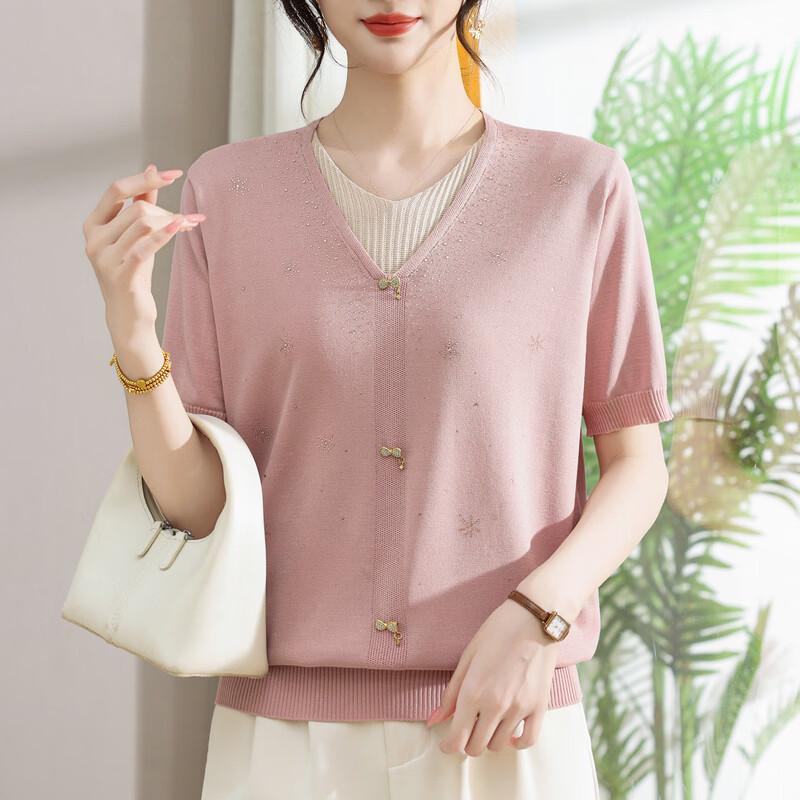 Hodo Women's Faux Two-Piece Short-Sleeve Ice Silk Knit Top