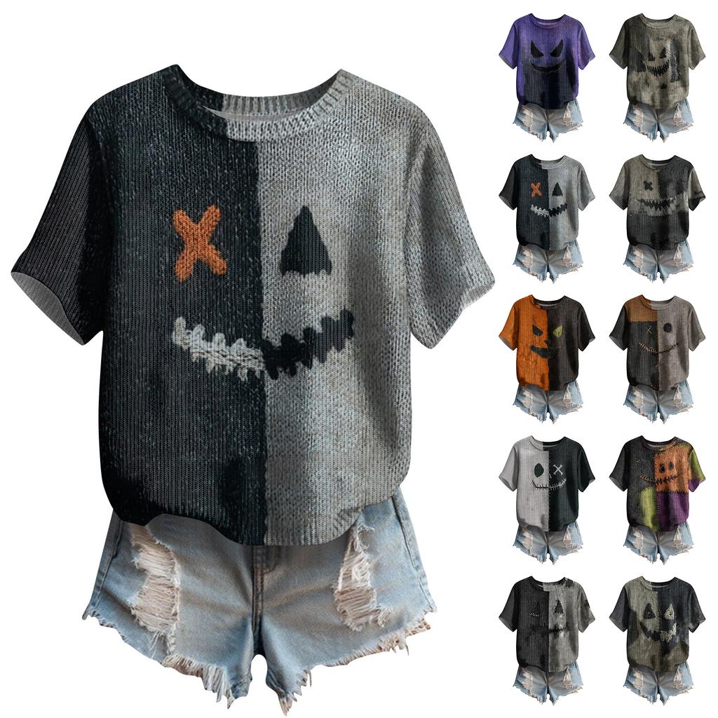 Women's Cute Sweater Knitted Fashion Casual Round-neck Short-sleeved  Cozy Print Top