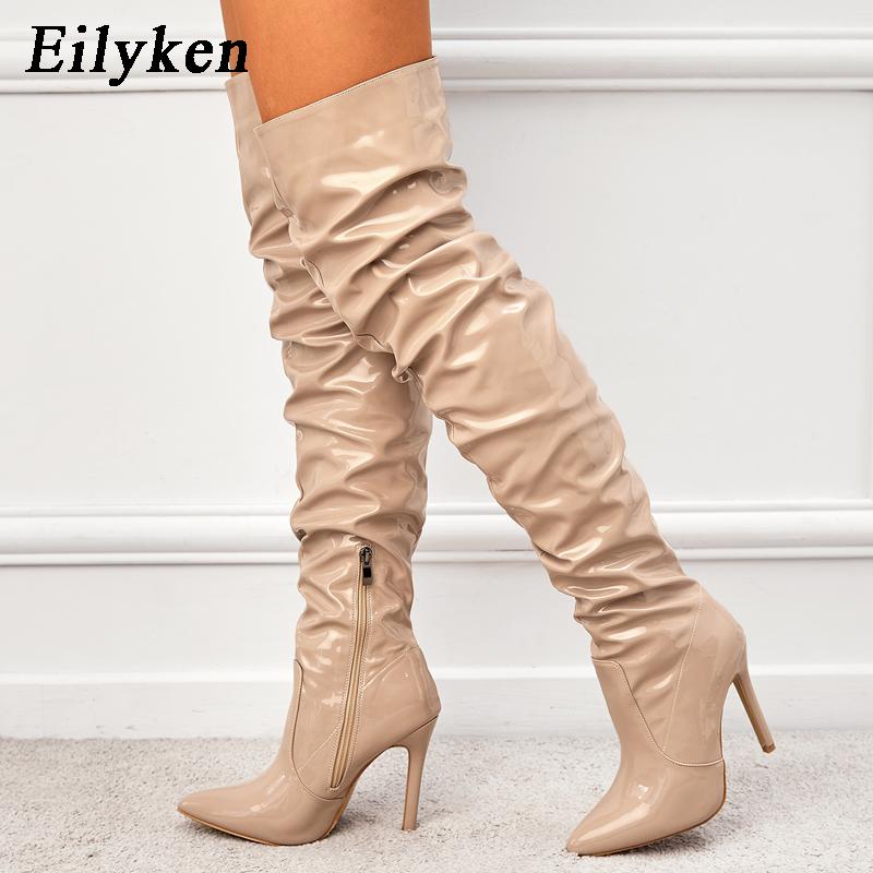 Eilyken Botas por encima de la rodilla de charol plisado de alta calidad para mujer, zapatos altos hasta el muslo con cremallera y punta estrecha a la moda