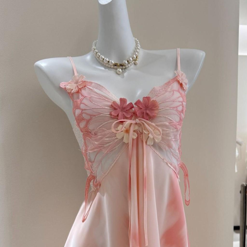 Butterfly Print Ice Silk Nightgown With Breathable Fabric For Summer Sleepwear