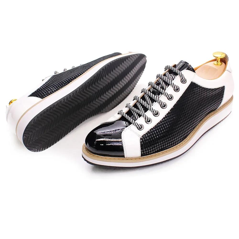 Fashion Luxury Brand Large Size Men's Flat Sneakers 6 To 13 Patent Leather Lace-up Black White Casual Shoes for Men