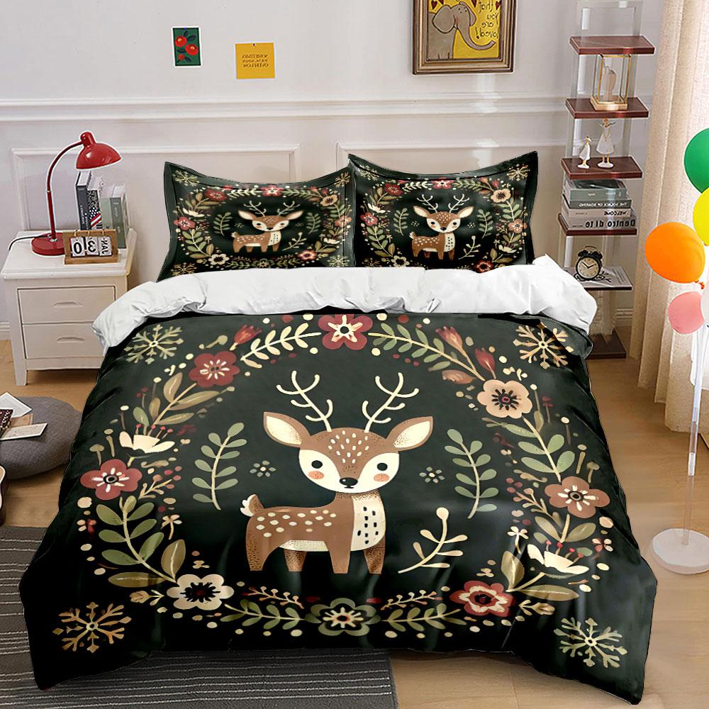 Woodland Deer Floral Design Bedding Duvet Cover Set Duvet Cover Pillowcases (1*Duvet Cover 2*Pillowcases, without duvet insert)