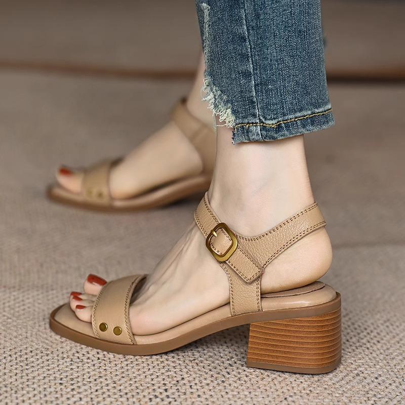 Summer Sandals Sheep Leather Women Shoe Square Toe Chunky Heel Roman Sandals Genuine Leather Open Toe Sandals for Women Handmade