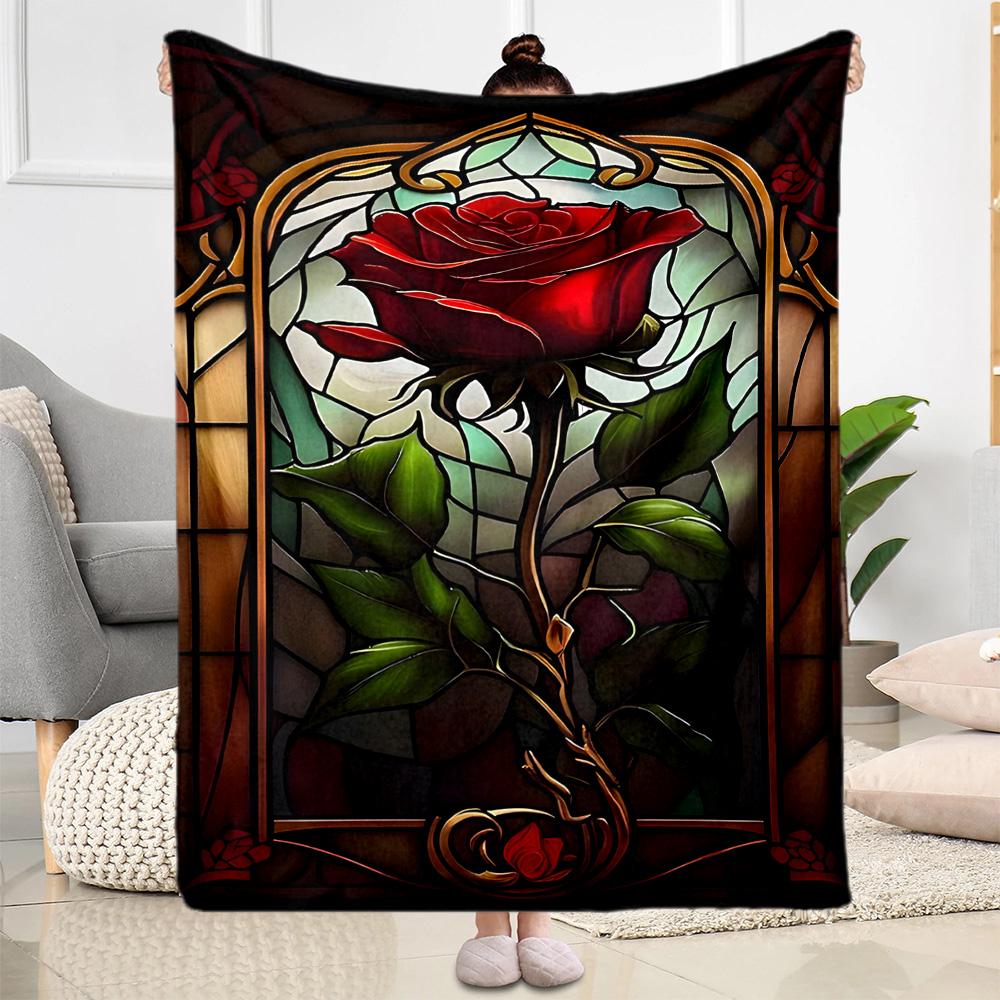 Stained Glass Rose Flannel Blanket,Lightweight,Office Blanket,Sofa Blanket,Comfortable Blanket
