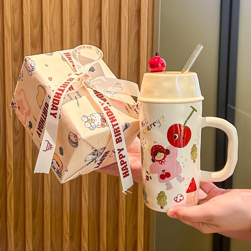 Roztomilý hrneček se slámkou Chlapci a dívky keramický hrnek vysoké hodnoty s víčkem dárek k narozeninám praktický suvenýr dárková krabička