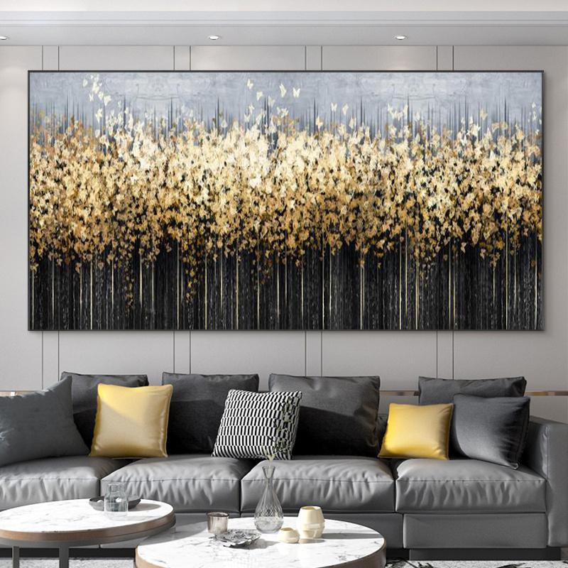 Abstract Leaves Oil Painting Print On Canvas Texture Golden and Silver Trees Wall Art Modern Home Decor Living Room Wall Decor