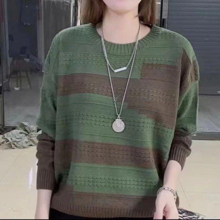 Retro Round Neck Color Matching Knitted Sweater Women's Spring and Autumn Live Broadcast Popular Fashion Casual Versatile Foreign Style Long-sleeved