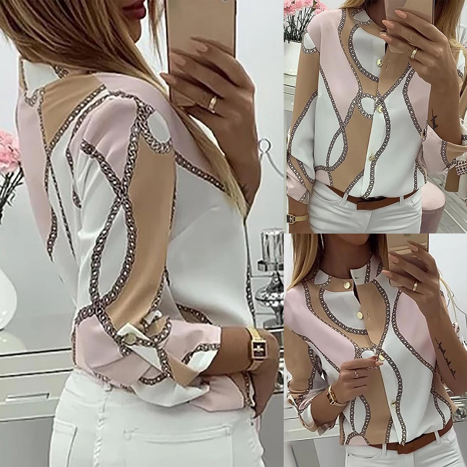 

Женская удобная повседневная свободная рубашка с длинным рукавом и отворотом с цепочкой и прямым принтом