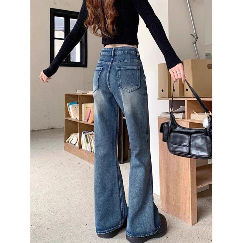 Womens High Waist Vintage Wash Flare Jeans Y2K Low Rise Bootcut Denim Trousers Streetwear