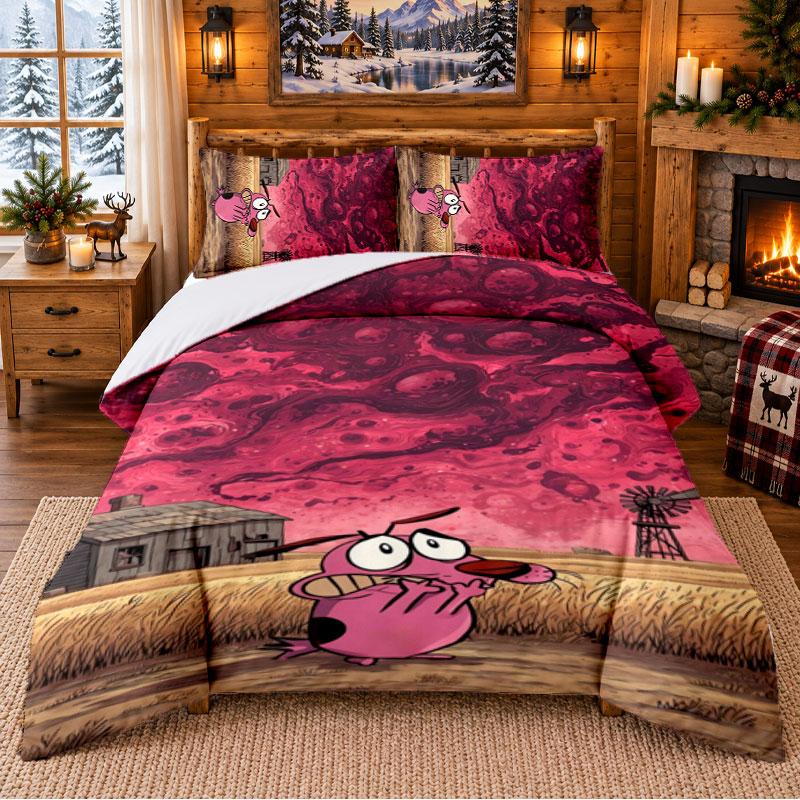 Courage the Cowardly Dog Pattern Bedding 3Pcs Set Bed Sheet And Pillowcases For Indoor Bedroom