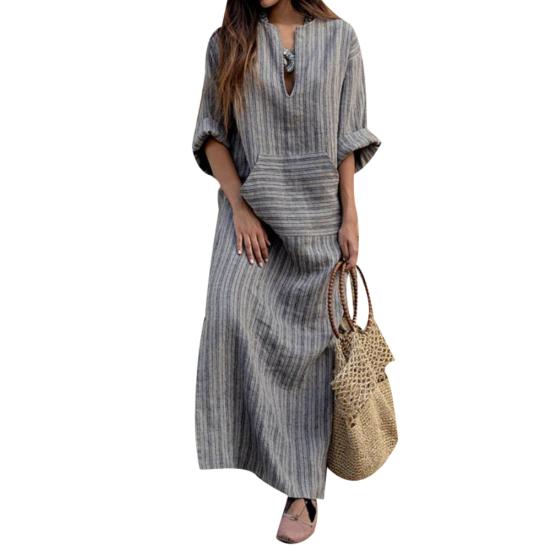 Vintage Stripe Print V-Neck Long Sleeve Women Loose Cotton Linen Maxi Dress