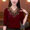 Elegant V-Neck Embroidery Lace Top with Rhinestones - Warm, Tummy-Concealing Outerwear for Middle-Aged and Elderly