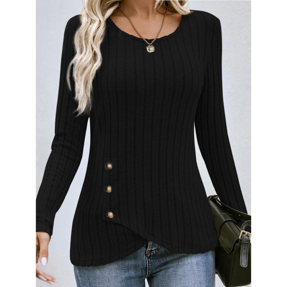 Women's Long-sleeved V-neck Top for Women's Buttons Asymmetric Knitted Base Shirt T-shirt for Women