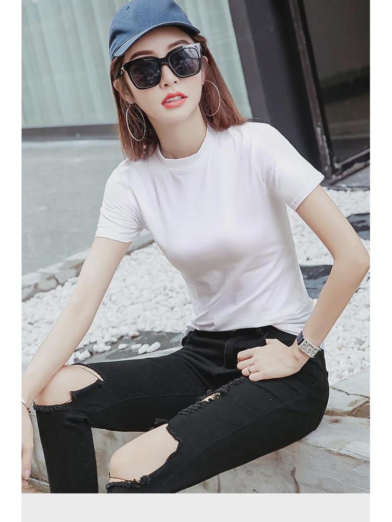 Damski dopasowany T-shirt w jednolitym kolorze z półwysokim kołnierzykiem - Czysta bawełna z krótkim rękawem Lato 2020