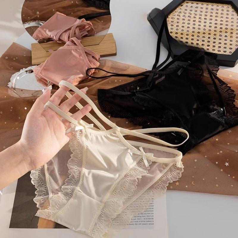 Lace Satin Panty for Women Low Waist Satin Pure Cotton Hollow Girl Seamless High Quality Underwear