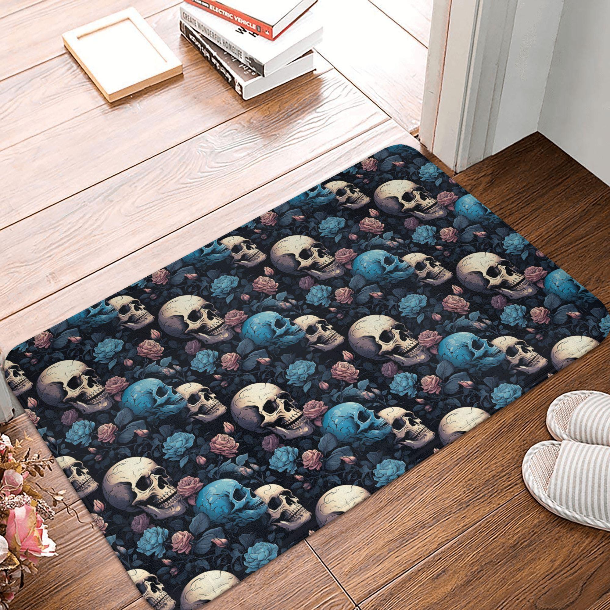 Roses Flower Skull Pattern Doormat Mat Anti-Slip  Bathroom Kitchen Garden Rug Carpet 40*60cm 40cmx60cm