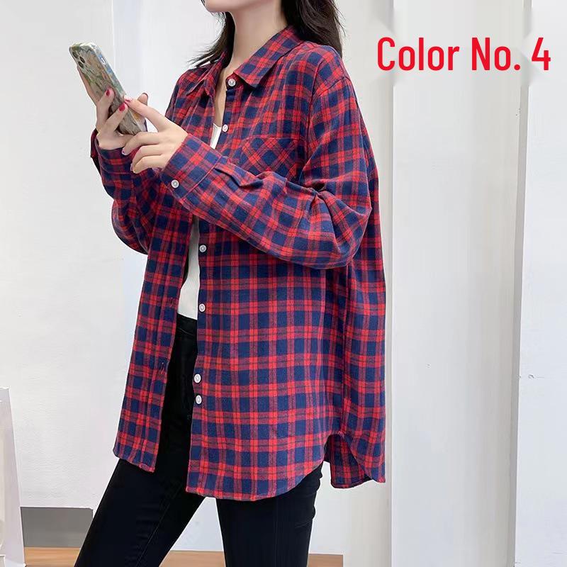 

Женская клетчатая рубашка с длинным рукавом - Корейский стиль, свободный крой, хлопок, средней длины, куртка в стиле ретро с начесом, большие размеры для весны и осени. XXL (130-150 jin)