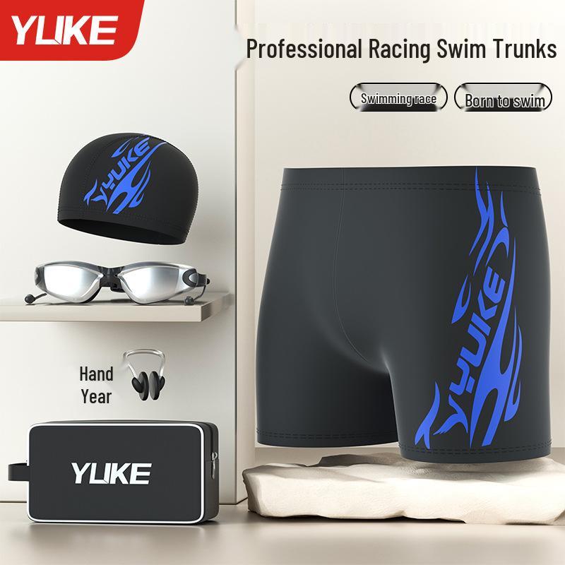 Men's Plus Size Swim Trunks with Flat Leg and Swim Gear Set (Includes Goggles and Cap)