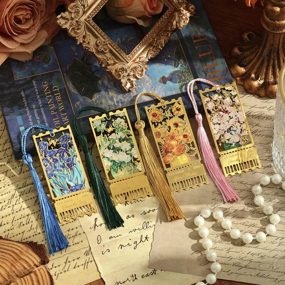Retro Metal Metal Bookmark Tassels Oil Painting Style Hollow Bookmark Stationery Famous Painting Book Clip Teacher