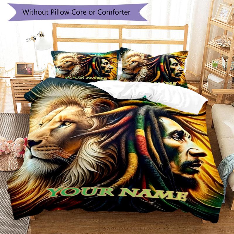 3PC Custom Name Lion Rasta Spirit Bedding Set Printed  Bedding Set Duvet Cover Closure Includes 1 Duvet Cover & 253 Pillowcases for Bedroom