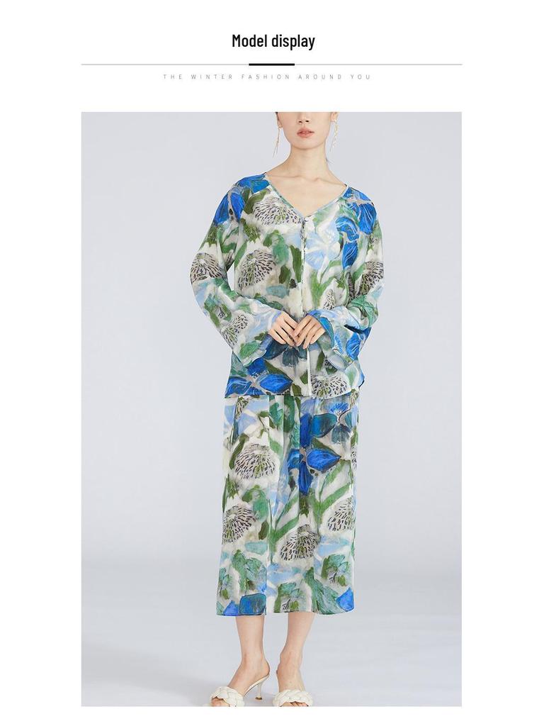 Women's Mulberry Silk Crepe De Chine Printed Beach Shirt, Vacation Top, Spring Outfit