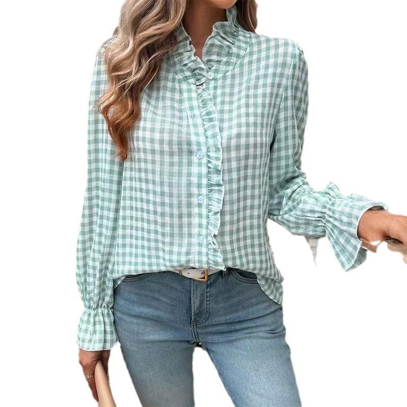 2026 Spring French Ruffle Plaid Women's Shirt - New Arrival