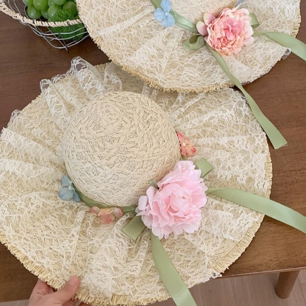 Breathable Vacation Beach Cap Flower Woven Sun Cap Solid Color Lafite Straw Hat  Carnival