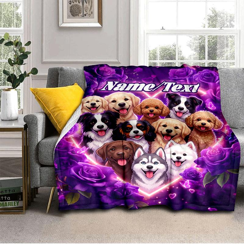 1PC Custom Name Dogs Heart Frame flannel blanket versatile,all-season throw suitable for the living room,bedroom,camping,travel,and gift