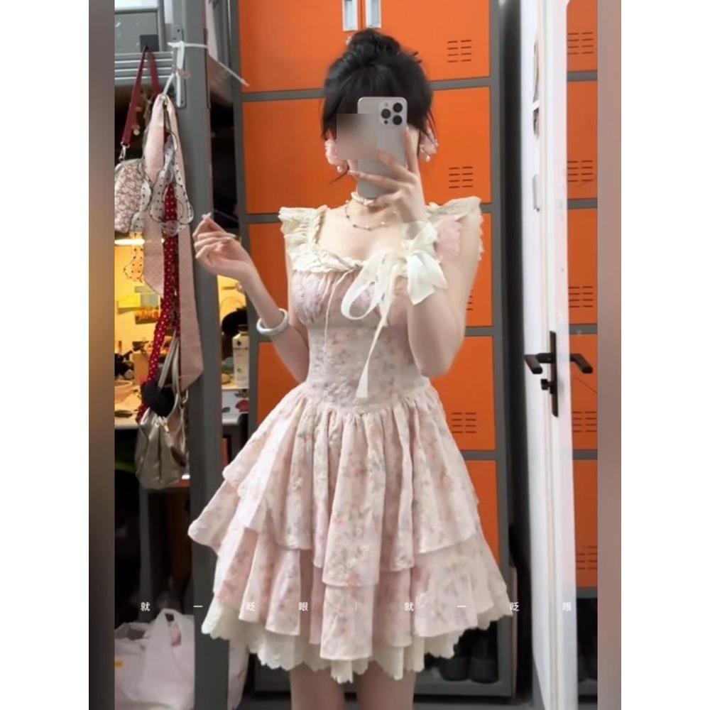 Sweet Spice Girl Gentle Wind Floral Dress Women's Summer Beauty Small Princess Cake Dress Waist Fluffy Dress