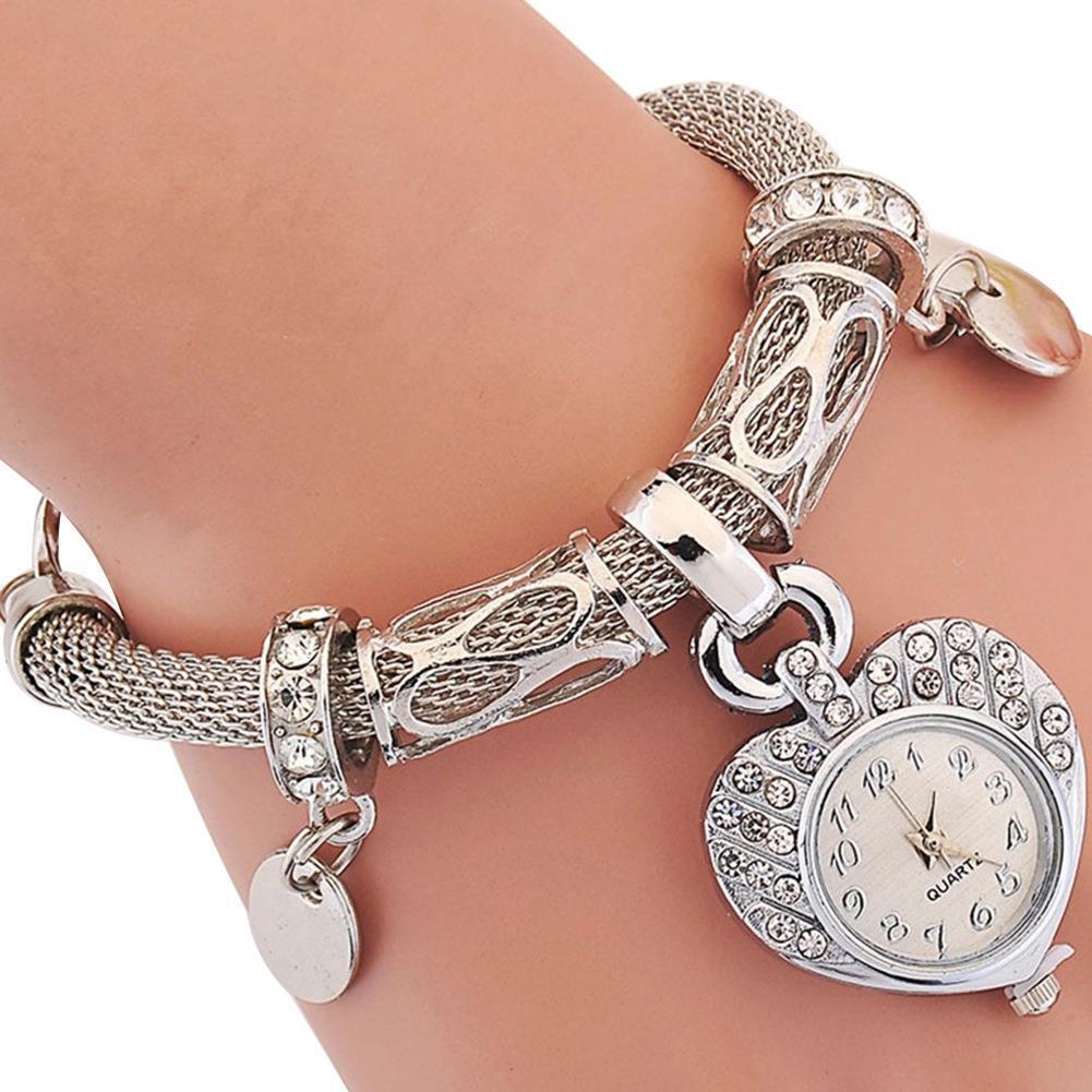 Women s Rhinestone Heart Bracelet Watch - Elegant Gold Quartz for Students