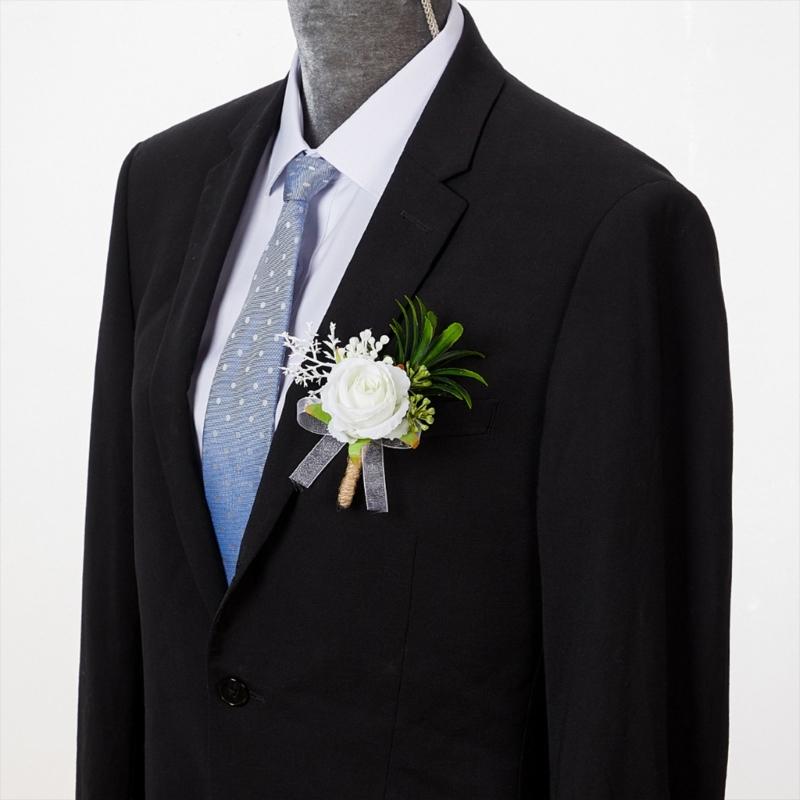 Pack of 6 White Artificial Rose Boutonniere Pin Elegant Bridals Brooch Wedding Groomsmen Accessories Suit Decoration