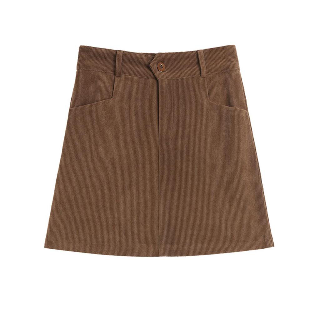 Plus Size Women's Coffee Corduroy A-line Skirt - Autumn/Winter Hip-Hugging Retro Brown Short Skirt