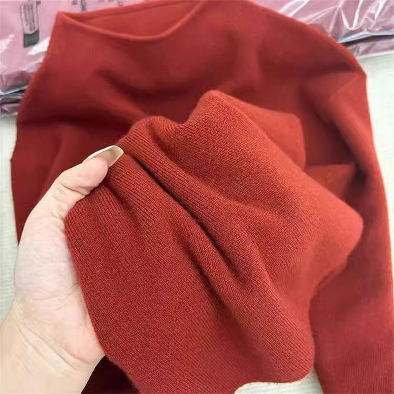 Trendy Red Slim-Fit Knit Top: Women's Half-High Neck, Long-Sleeved, Regular Shoulder Base Layer