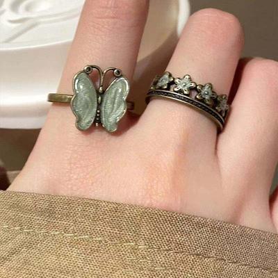 Vintage Zinc Alloy Color Butterfly Flower Opening Ring For Women Men Punk Hip Hop Metal Adjustable Finger Rings Zircon Gift