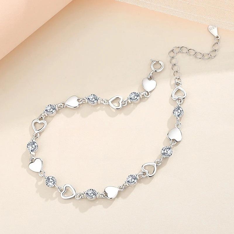 925 Silver Pearl Bracelet Women Girls Vintage Korean Pink Love Bow Chain Party Jewelry Luxury Gift