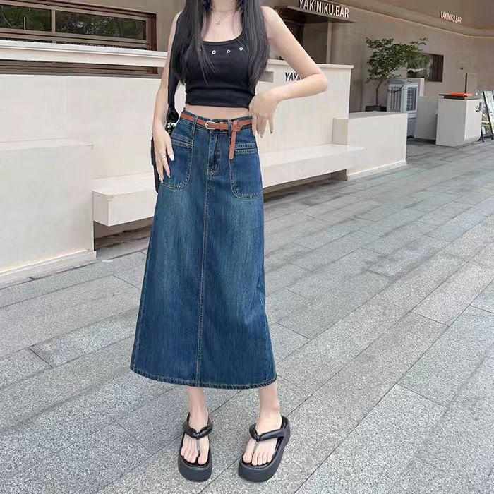 

Женская джинсовая миди-юбка с высокой талией и летним разрезом - 2024 Прилегающий А-силуэт L