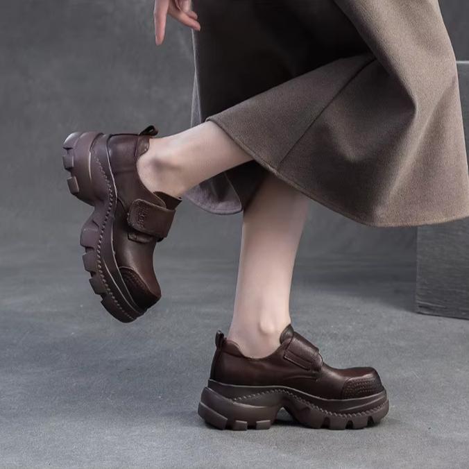 Johnature Chaussures Rétro à Bout Rond et Semelles Épaisses en Cuir Véritable Décontractées à Crochets et Boucles Chaussures à Plateforme pour Femmes