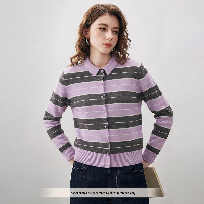Women's Striped 100% Wool Lapel Cardigan