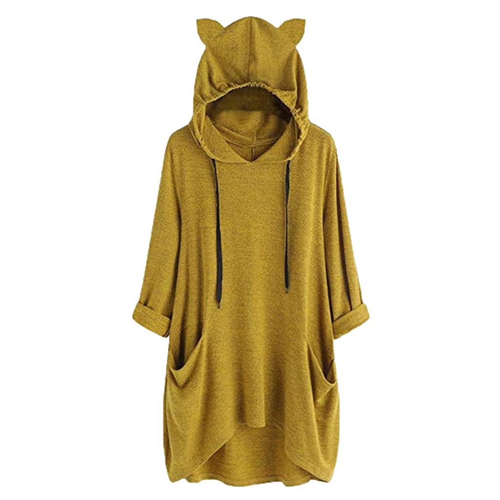 Women's Fashionable Solid Color Long Sleeved Pocket Long Loose Pullover Top