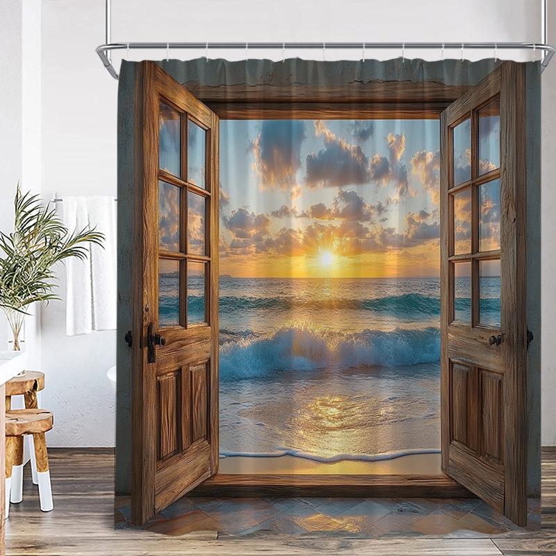 Dusk Ocean View Shower Curtains Brown Window Wooden Door Beach Sea Waves Scenery Fabric Home Bathroom Curtain Decor With Hooks