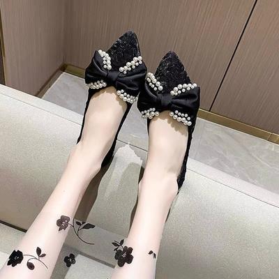 Fashion Ladies Footwear Pointed Toe with Bow Women's Flat Shoes Black Pearl Chic and Elegant Shoe Fashionable Luxury Brand Spring 39 Y2k
