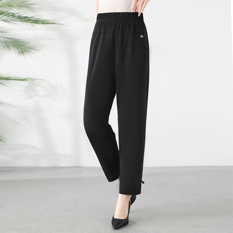High Waist Ice Silk Pants for Petite Grandmothers - Summer Loose Plus Size Style 6XL чёрный
