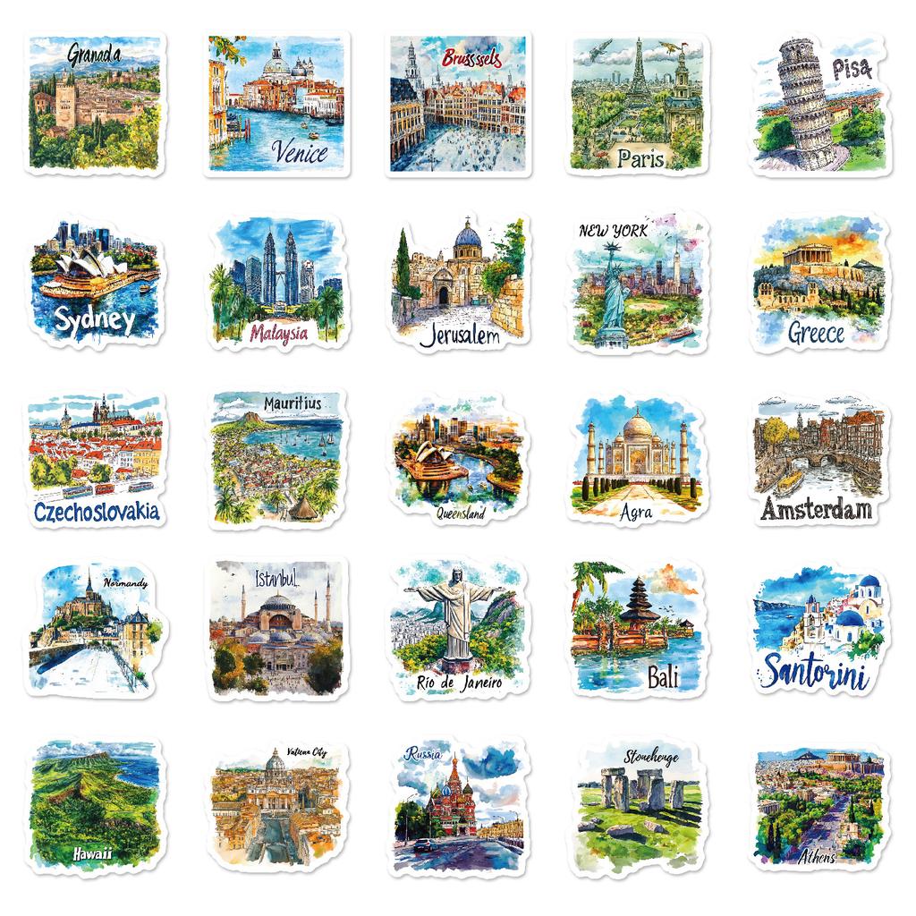 50 Hand-Drawn Tourist Maps, Signs, Architectural Graffiti Stickers, Decorative Guitar Notebooks, Diy Waterproof Stickers