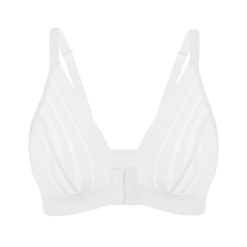 Sheer Mesh Striped Front Closure Bra – Wireless V Neck Comfort Lingerie