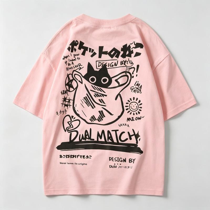 Casual Short Sleeve Tshirt Unisex 100 Pure Cotton Japanese Text Black Cat Dual Match Graphic Oversized Hip Hop Tee
